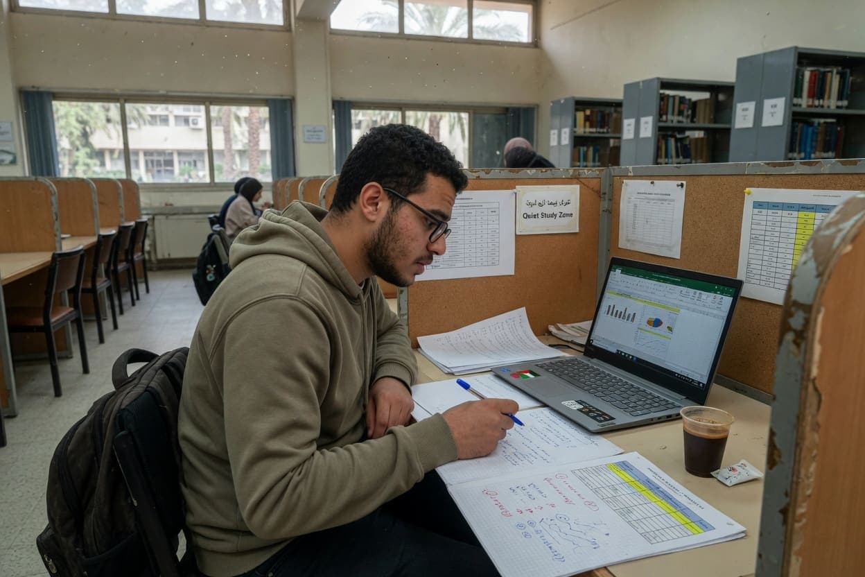 Undergraduate working through charts and notes in a study carrel