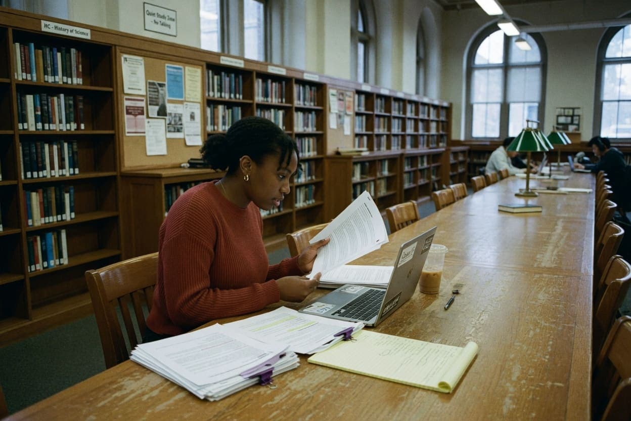 Candidate reading papers at a long library table with a laptop