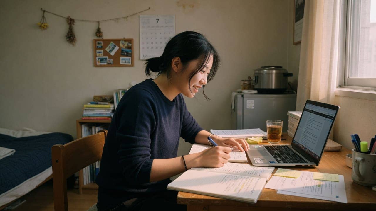 Candidate studying at a desk with a laptop and handwritten notes