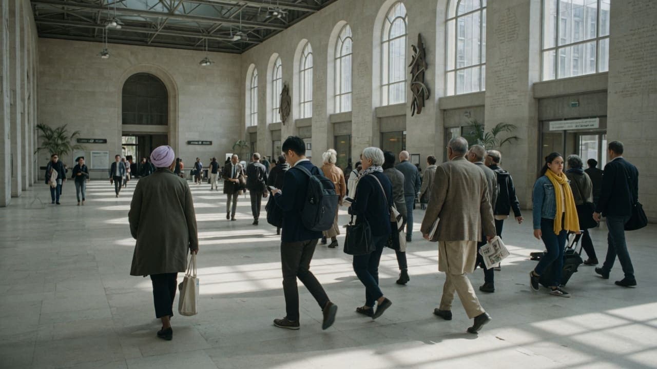 People of different ages walking through a bright civic atrium