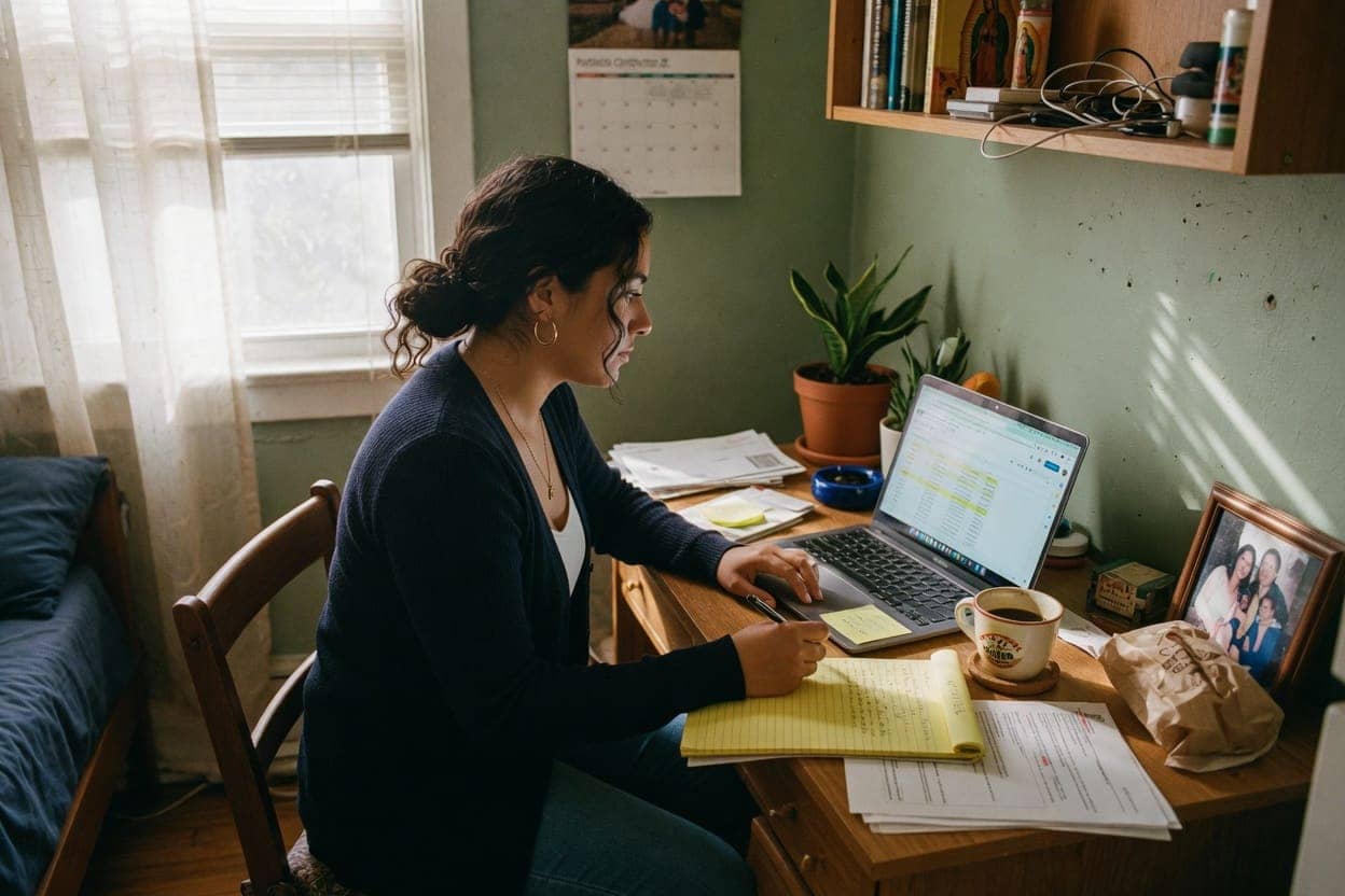 Graduate working at a small apartment desk with a laptop and notebook
