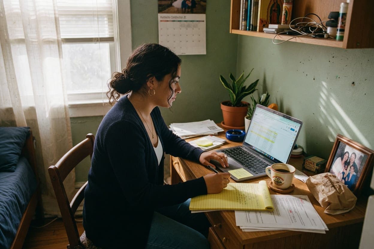 Graduate working at a small apartment desk with a laptop and notebook
