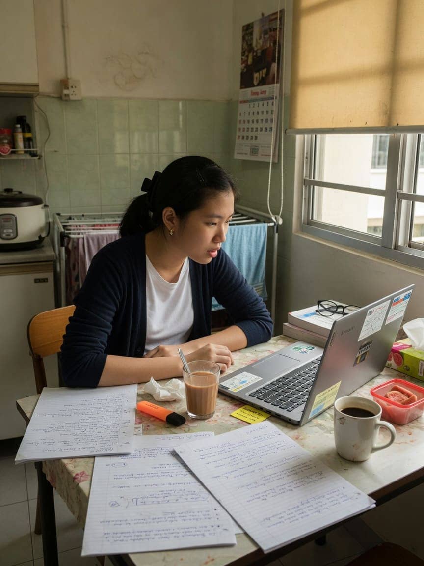 Foundations candidate studying at a kitchen table with notes and a laptop