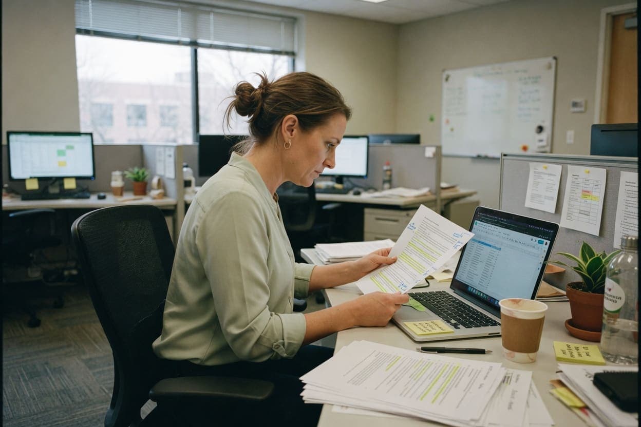 Professional reading a marked document at an office desk