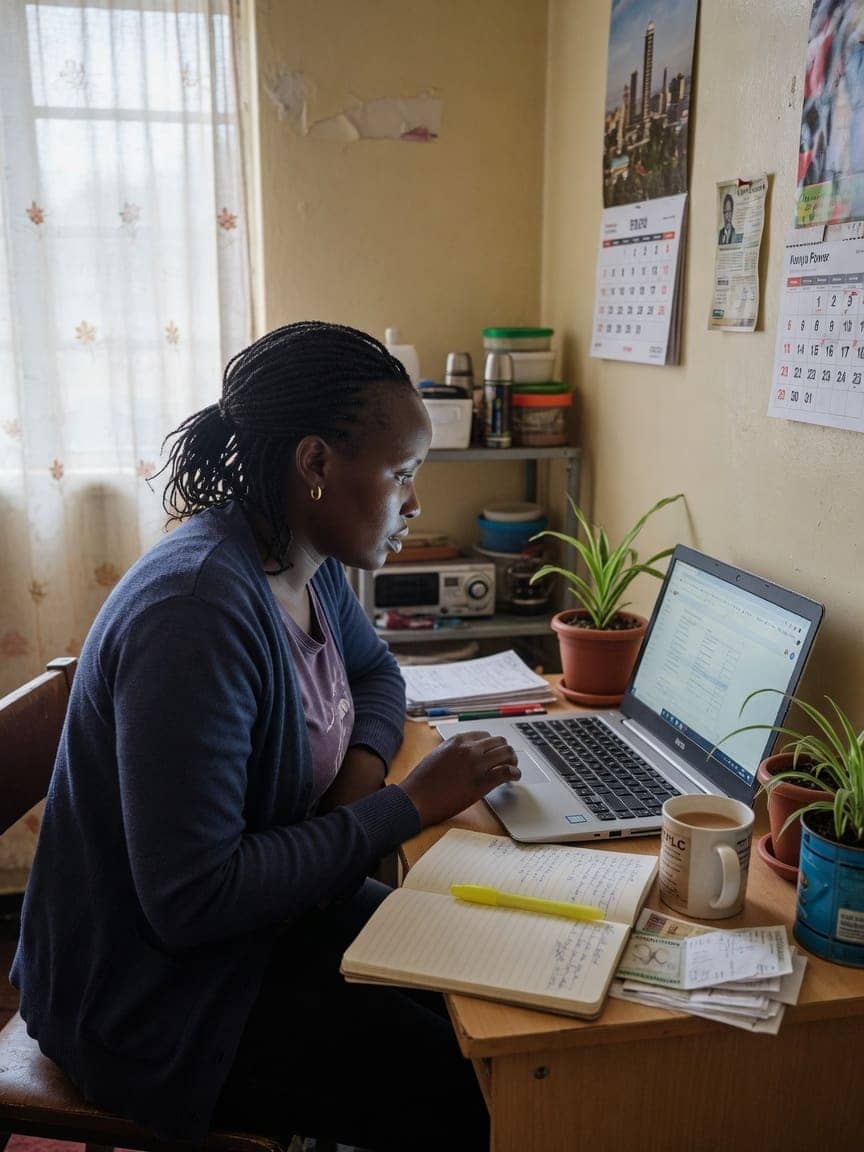 Graduate candidate working at a desk with a laptop and handwritten notes